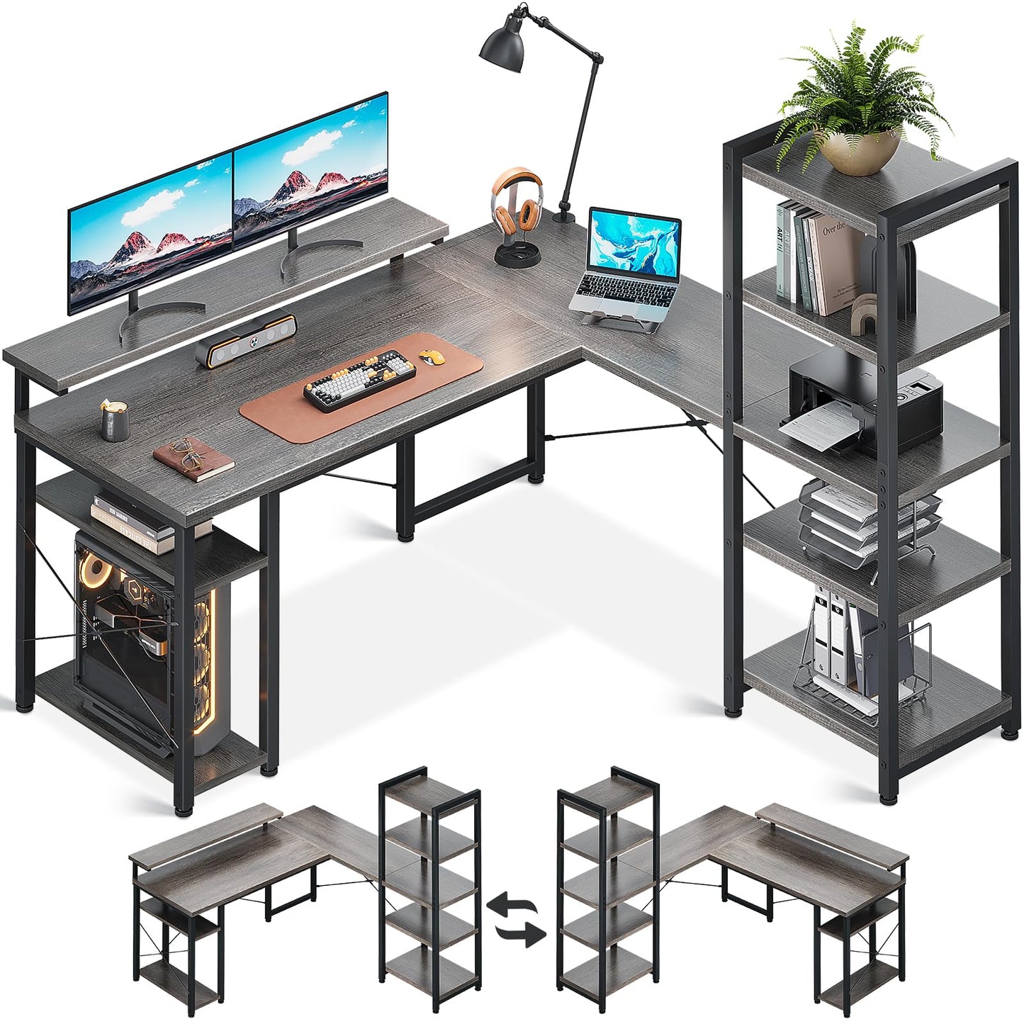ODK L Shaped Desk with Monitor Stand, 54 Inch Home Office Desks with Storage Printer Shelves, Reversible Corner Gaming Desk with Bookshelf for Bedroom, Grey Oak