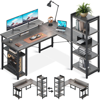 ODK L Shaped Desk with Monitor Stand, 54 Inch Home Office Desks with Storage Printer Shelves, Reversible Corner Gaming Desk with Bookshelf for Bedroom, Grey Oak