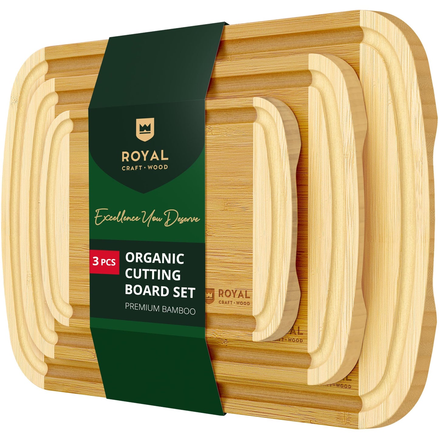 ROYAL CRAFT WOOD Luxury Cutting Boards for Kitchen - Reversible Wood Cutting Board Set, Thick Chopping Board - Wooden Cutting Board Set Bamboo Cutting Board for Meat, (Set of 3)
