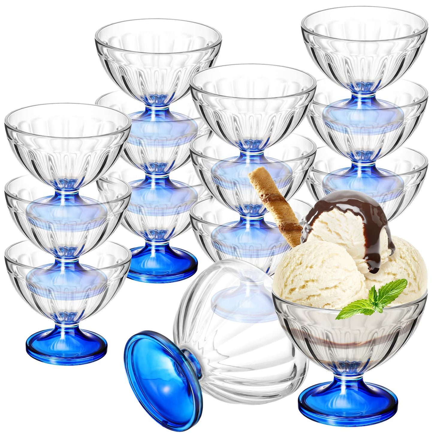 Romooa 12 Pack Acrylic Ice Cream Bowls 8 oz Clear Dessert Cups Footed Ice Cream Bowl for Sundae Salad Snack Cocktail Condiment Trifle Holiday Party