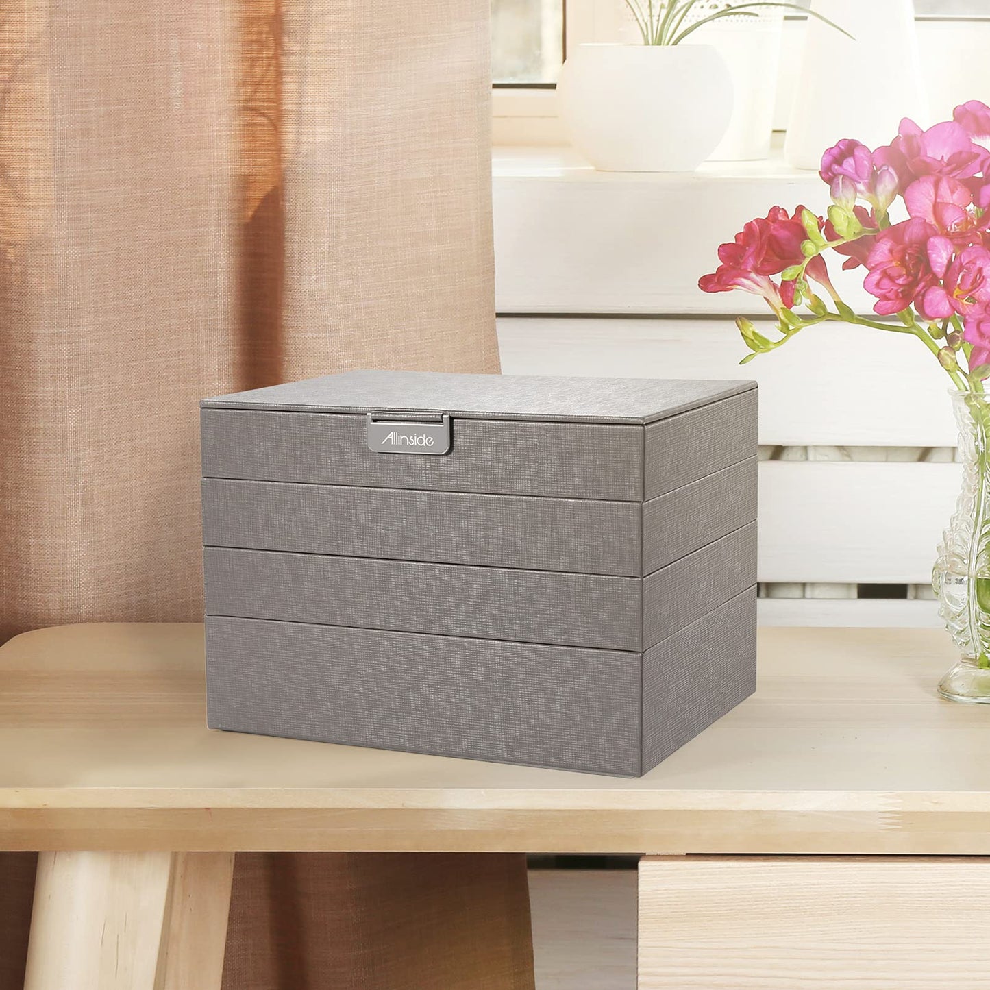 Allinside Stackable Jewelry Tray Box Sets Organizer with Mirror Lid, PU Leather Jewelry Storage Display Case for Drawer Dresser, Jewelry Holder Trays for Earring Ring Necklace Watch, Set of 4, Gray