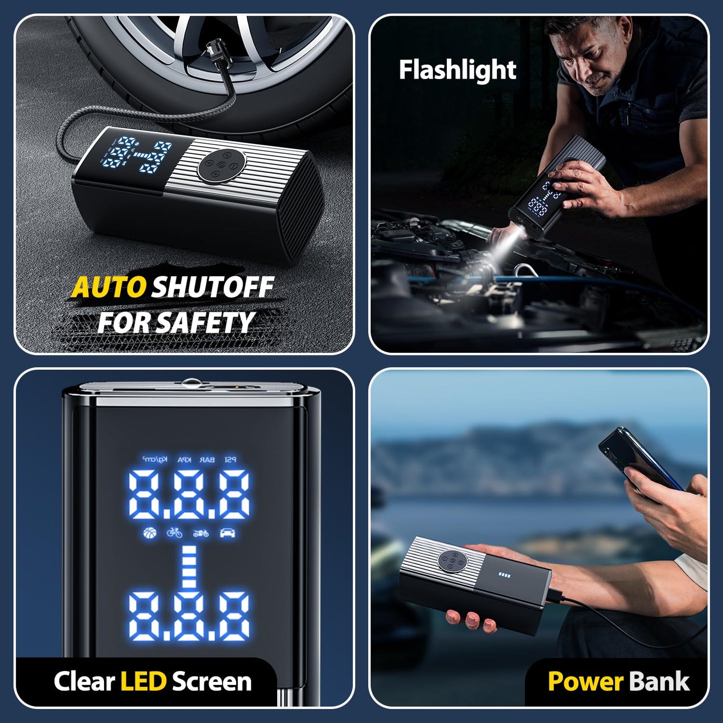EnjoyNest Tire Inflator Portable Air Compressor, 20000mAh Portable Air Pump with Digital Pressure Gauge, LED Light, 38L/Min Fast Inflation for Cars, Bikes & Motorcycle Tires, Inflatables, Balls
