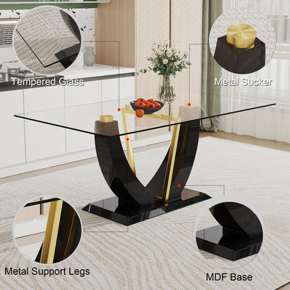 JUFU 63" Glass Dining Room Table Set for 6,Big Modern Rectangular Tempered Glass Dining Table Top Thick 0.39",7 Piece Dining Table with 6 Pcs Leather Dining Chairs