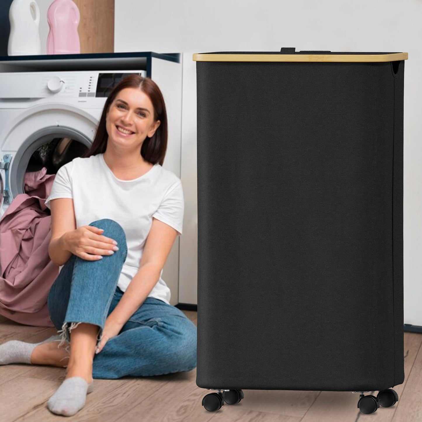 SUOCO Laundry Hamper with Wheels and Lid, 29 Gal (110L) Clothes Basket with Bamboo Handles, Large Foldable Laundry Hamper for Bedroom, Bathroom, Dorm, Laundry Room - Black
