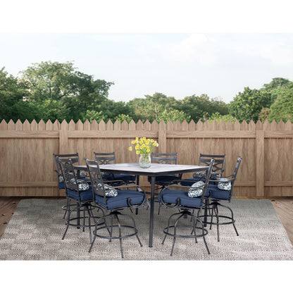 Hanover Montclair 9-Piece Outdoor Dining Set, 8 Swivel Counter-Height Chairs with Comfortable Seat and Lumbar Cushions, 60" Square Stamped Rectangle Table, All-Weather Outdoor Patio Dining Set for 8
