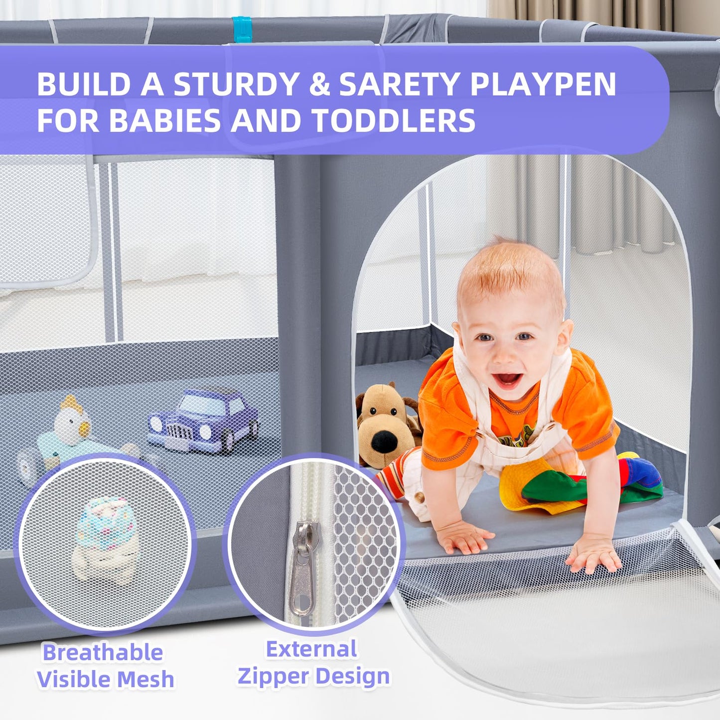 Suposeu Baby Playpen, Large Indoor and Outdoor Playard, Play Pens for Kids Activity Center, Sturdy Safety Baby Fence with Soft Breathable Mesh for Toddler (50 Inch×50 Inch, Grey)