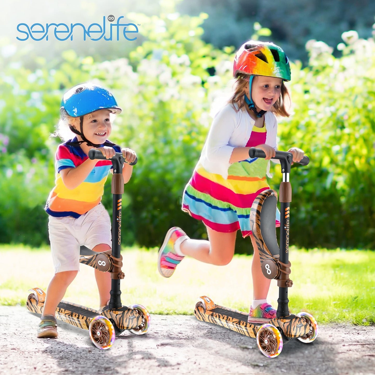 SereneLife 3 Wheeled Scooter for Kids - 2-in-1 Sit/Stand Child Toddlers Toy Kick Scooters w/ Flip-Out Seat, Adjustable Height, Wide Deck, Flashing Wheel Lights, Great for Outdoor Fun - SLKSTIG (Tiger)