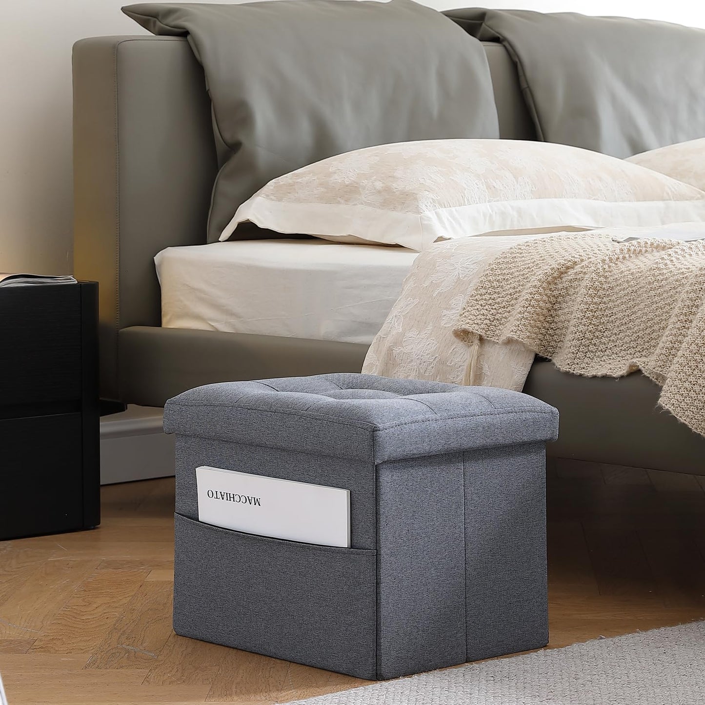 Hamgtrion Ottoman Storage Ottoman Foot Rest Footstool with Side Pocket Foldable Ottoman Folding Ottomans Footrest Rectangle Bench Cube for Room Living Room Bedroom Grey L17W13H13inches
