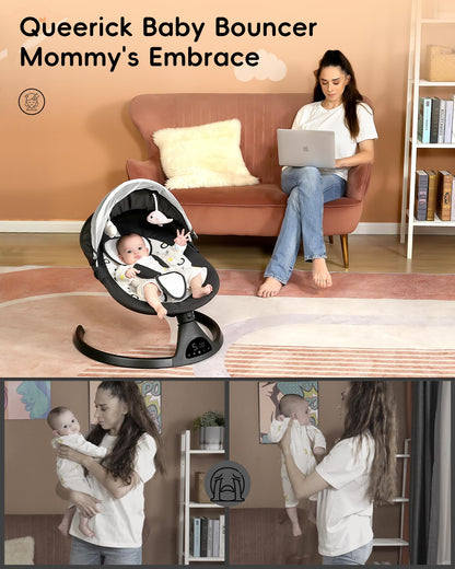 Queerick Baby Swing for Infants to Toddler Portable Babies Swing Timing Function 5 Swing Speeds Bluetooth Touch Screen Music Speaker with 10 Preset Lullabies 5-Point Carabiner