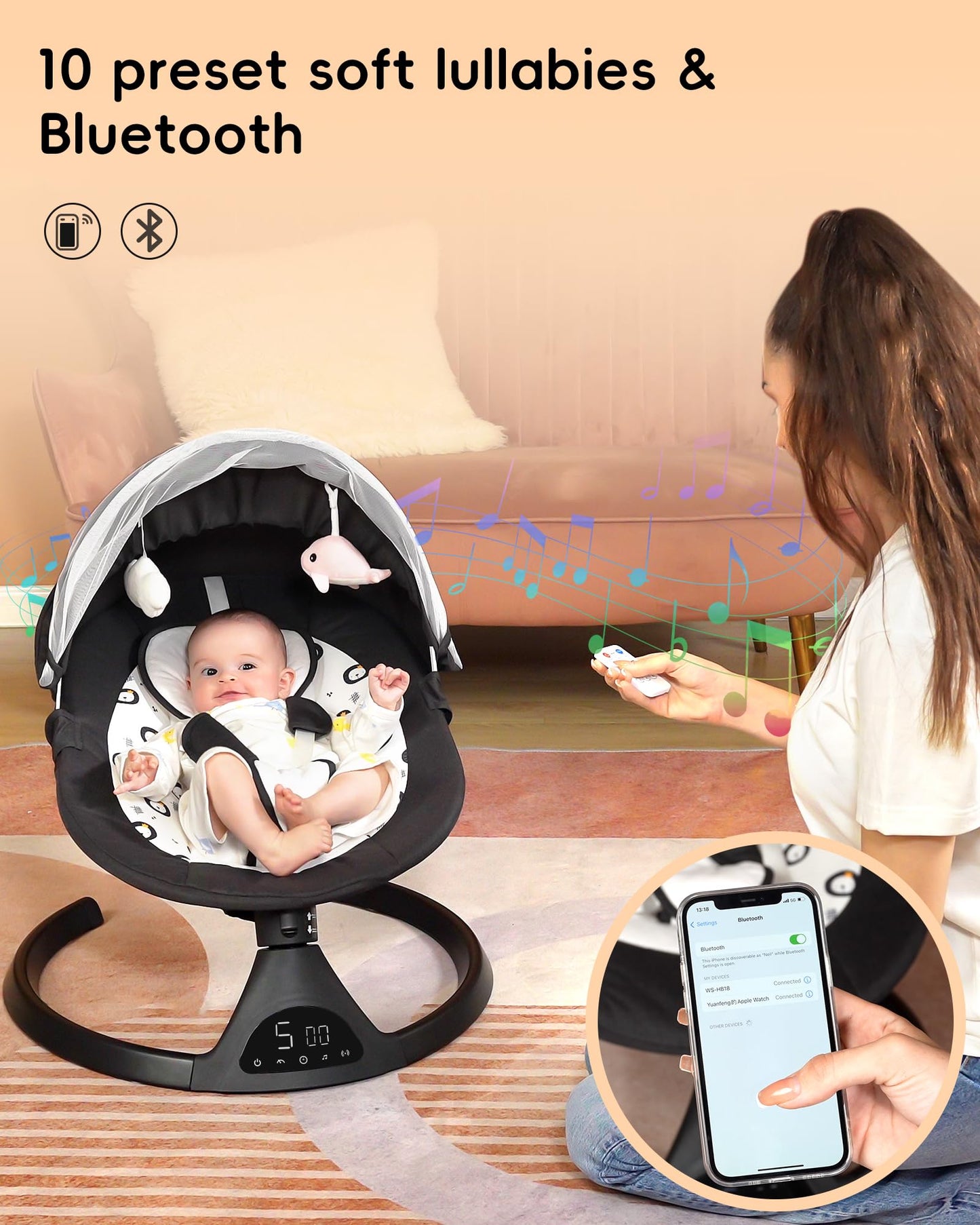 Queerick Baby Swing for Infants to Toddler Portable Babies Swing Timing Function 5 Swing Speeds Bluetooth Touch Screen Music Speaker with 10 Preset Lullabies 5-Point Carabiner