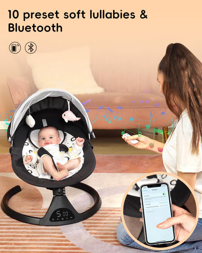 Queerick Baby Swing for Infants to Toddler Portable Babies Swing Timing Function 5 Swing Speeds Bluetooth Touch Screen Music Speaker with 10 Preset Lullabies 5-Point Carabiner