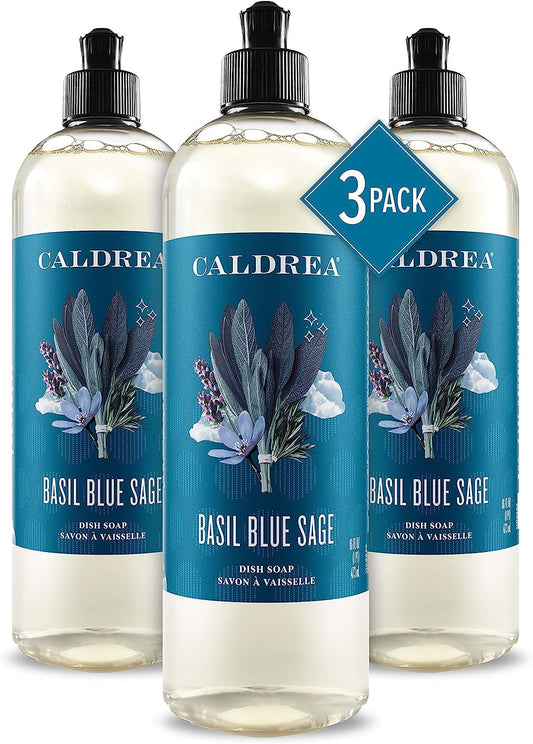 Caldrea Dish Soap, Biodegradable Dishwashing Liquid made with Soap Bark and Aloe Vera, Basil Blue Sage Scent, 16 Fl Oz (Pack of 3)