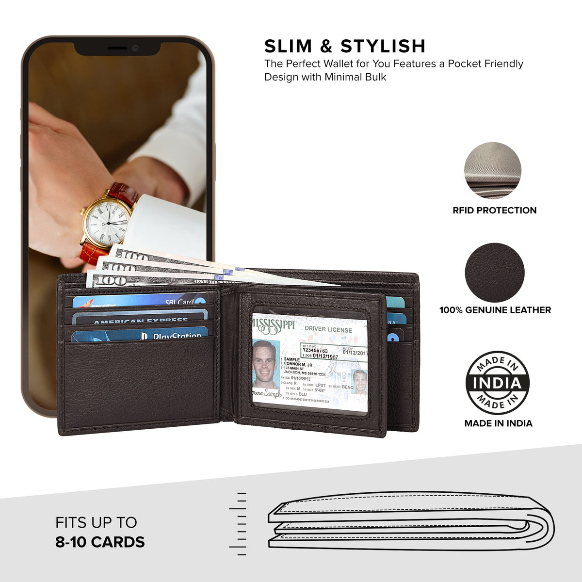 Traversible Real Leather Bifold Wallet for Men, Ultra Slim Minimalist Front Pocket with RFID Blocking 9 Credit Card Storage Holder, 1 ID Window, Slim & Stylish Billfolds Wallet