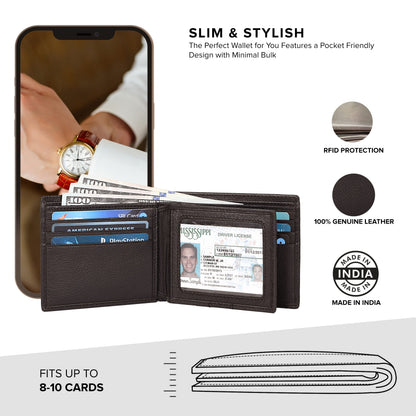 Traversible Real Leather Bifold Wallet for Men, Ultra Slim Minimalist Front Pocket with RFID Blocking 9 Credit Card Storage Holder, 1 ID Window, Slim & Stylish Billfolds Wallet