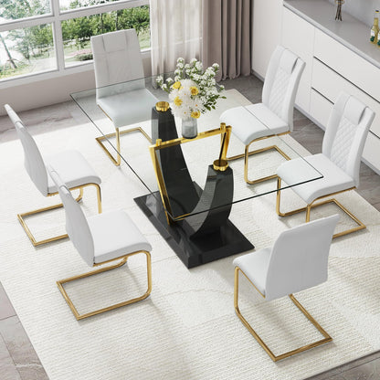 JUFU 63" Glass Dining Room Table Set for 6,Big Modern Rectangular Tempered Glass Dining Table Top Thick 0.39",7 Piece Dining Table with 6 Pcs Leather Dining Chairs
