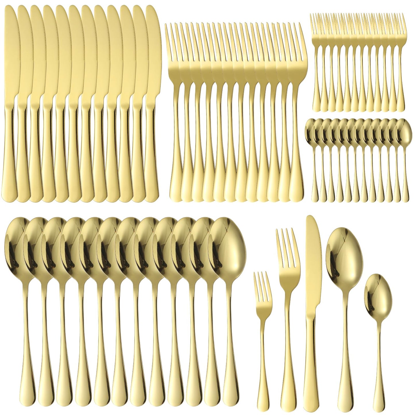 A · HOUSEWARE Gold Silverware Set 12 Stainless Steel Flatware Set 60 Piece Spoon Fork Knives Round Wide Handle Proper Weight Dishwasher Safe Gatherings Festival Parties