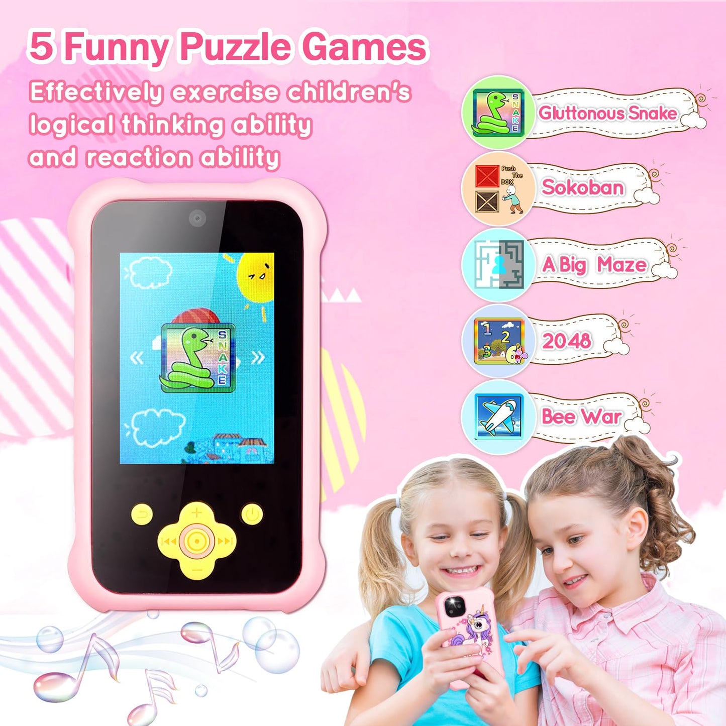 Kids Phone for Girls,2023 Newest Birthday Toys for Ages 3-8,MP3 Music Player Puzzle Games with Flip Camera,Toddler Learning Toys for 3 4 5 6 7 8 Year Old Girl with 3 Camera,32G SD Card