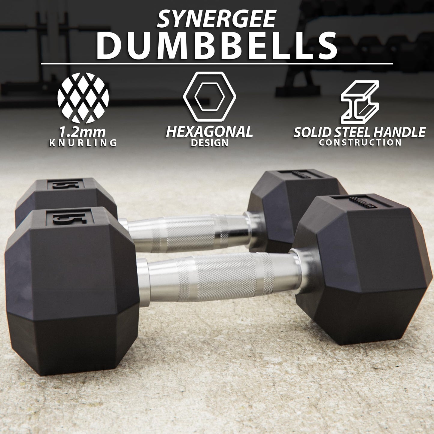 Synergee Rubber Hex Dumbbells - Chrome - 15lbs - Pairs
