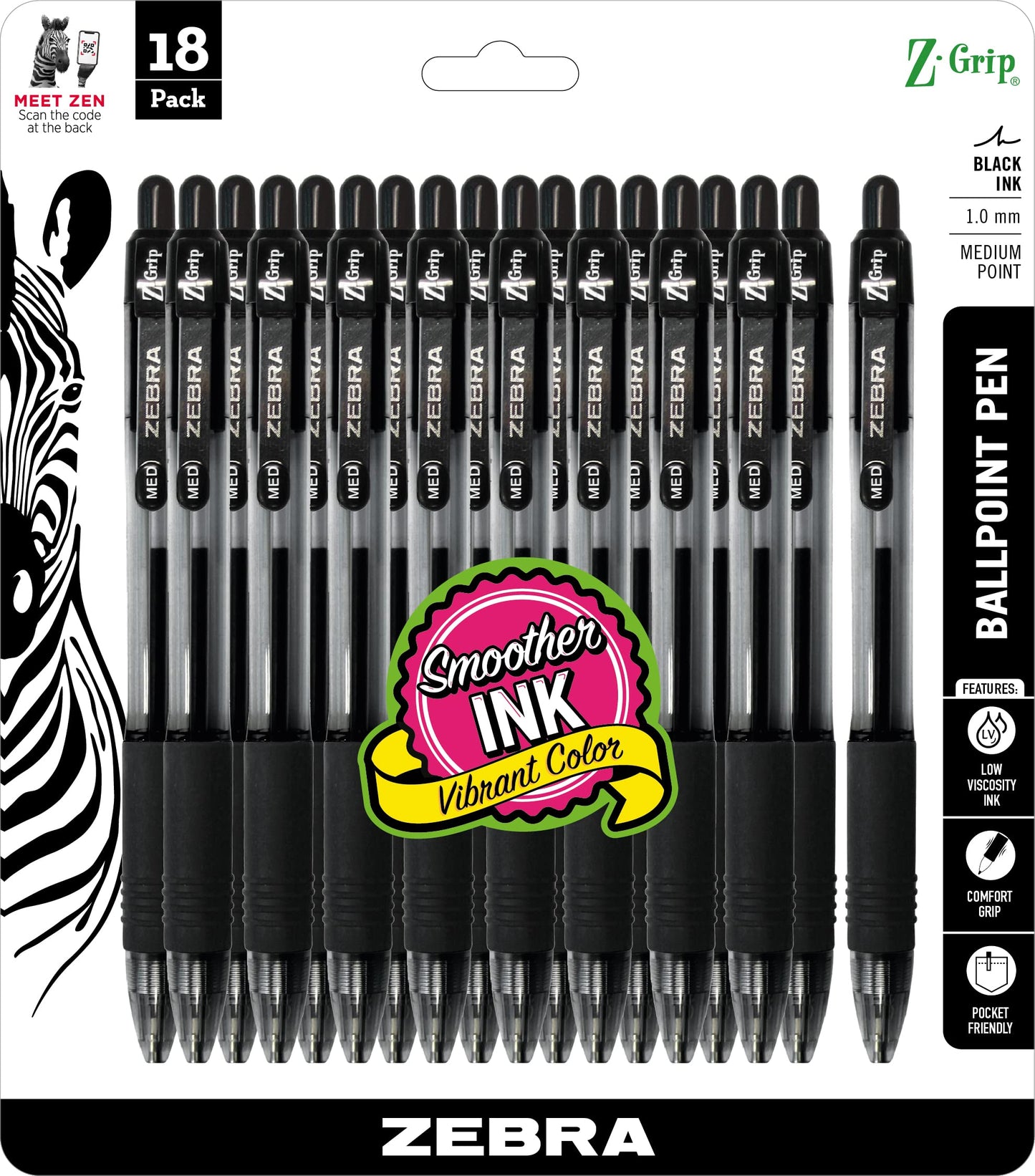 Zebra Pen Z-Grip Retractable Ballpoint Pen, Medium Point, 1.0mm, Black Ink, 18-pack