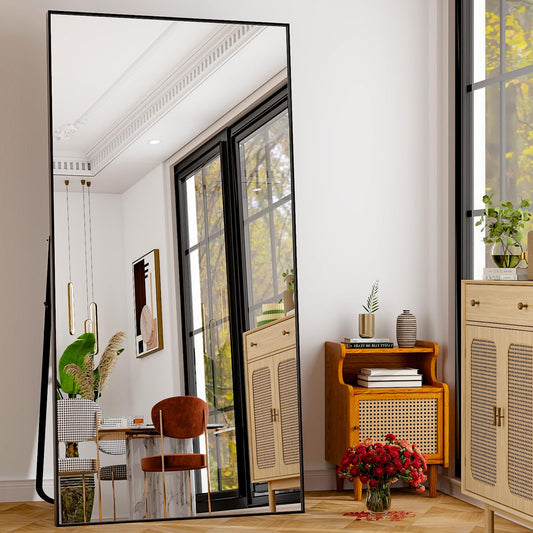 GLSLAND 71"x31" Full Length Mirror Extra Large Hanging or Leaning Rectangle Mirror Aluminum Alloy Thin Frame Bedroom Floor Dressing,Black