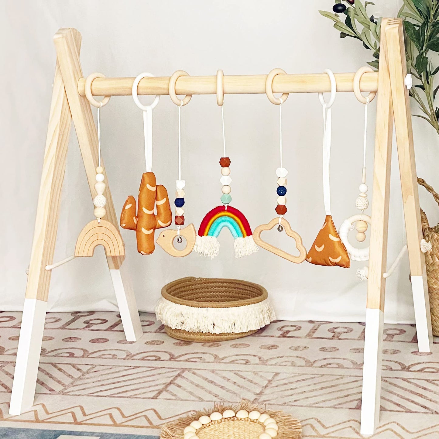 PgUp Baby Play Gym Wooden Baby Gym with 7 Toys, Foldable Wooden Play Gym Frame Hanging Bar, Toddler Montessori Activity Center for Play & Learn, Newborn Gift for Baby Girl and Boy