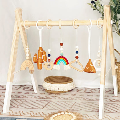 PgUp Baby Play Gym Wooden Baby Gym with 7 Toys, Foldable Wooden Play Gym Frame Hanging Bar, Toddler Montessori Activity Center for Play & Learn, Newborn Gift for Baby Girl and Boy
