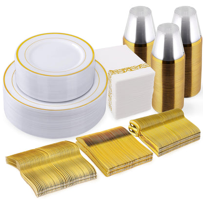 Oridom 350 Pieces Gold Disposable Plates Set for 50 Guests, Gold Rim Plastic Plates for Party, Include 50 Dinner Plates, 50 Dessert Plates, 50 Paper Napkins, 50 Cups, 50 Gold Silverware Set