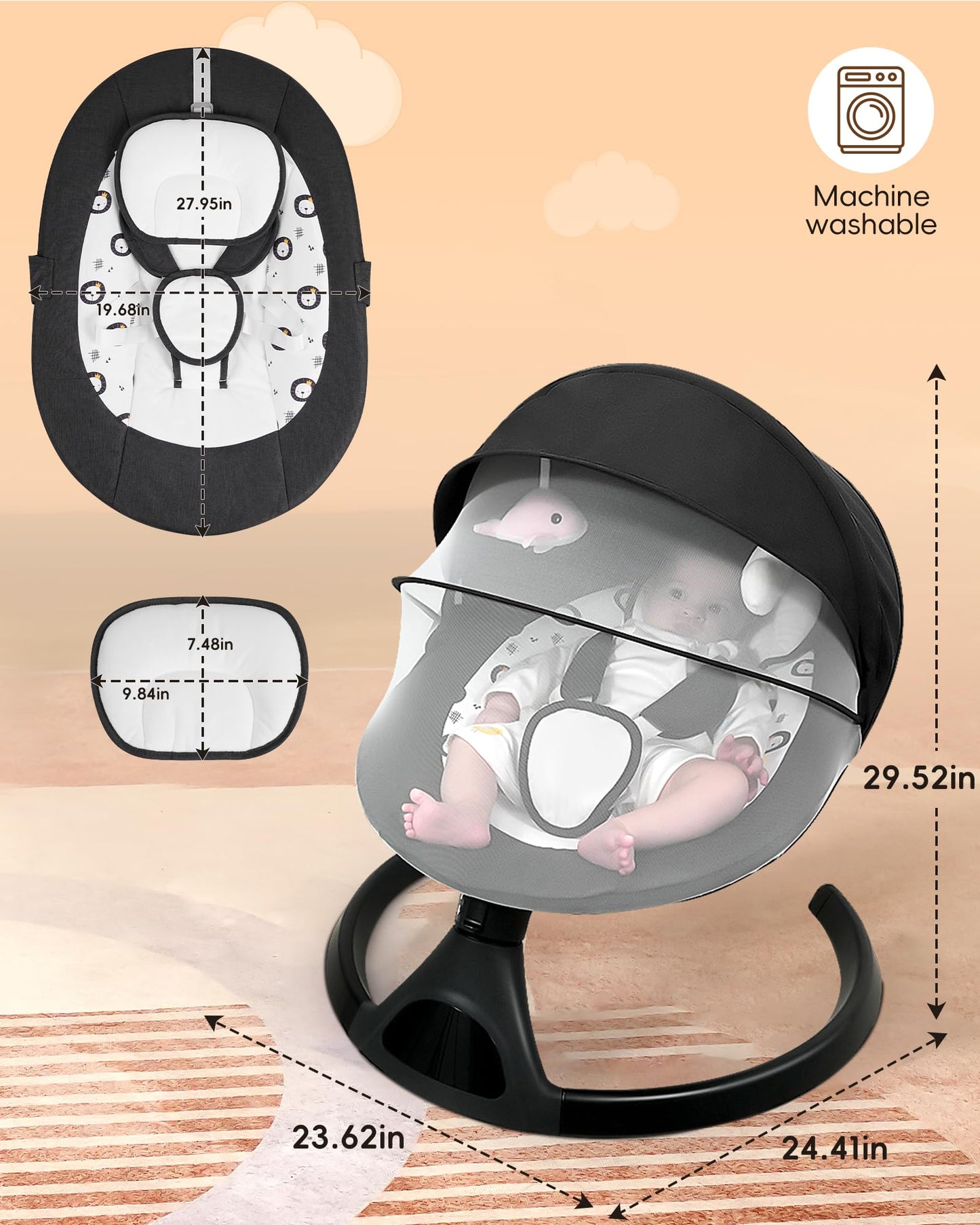 Queerick Baby Swing for Infants to Toddler Portable Babies Swing Timing Function 5 Swing Speeds Bluetooth Touch Screen Music Speaker with 10 Preset Lullabies 5-Point Carabiner