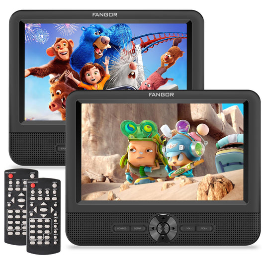 FANGOR 7.5" Dual Portable DVD Player for Car, Car DVD Player Dual Screen Play a Same or Two Different Movies with Headrest Strap, Regions Free,Support Last Memory, AV Out&in,USB/SD/Sync TV