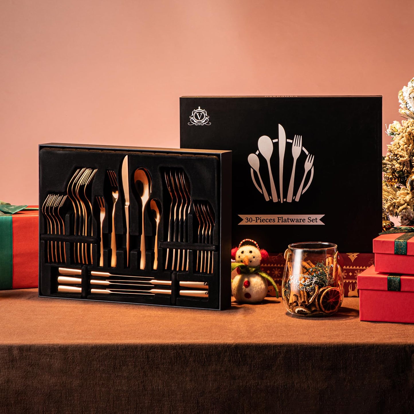vancasso Silverware Set for 6, 30 Piece Stainless Steel Cutlery Set Rose Gold, Flatware Set Includes Forks Spoons Knives, Mirror Polished, for Fancy Kitchen Home Restaurant Party, with Gift Box