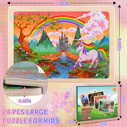 4 Packs Wooden Puzzles for Kids Ages 3-6 Toddler 4 in 1 Jigsaw Puzzles 24 PCS Preschool Learning Educational Brain Teaser Boards Toys Children Gifts for 3 4 5 6 Year Old Boys Girls
