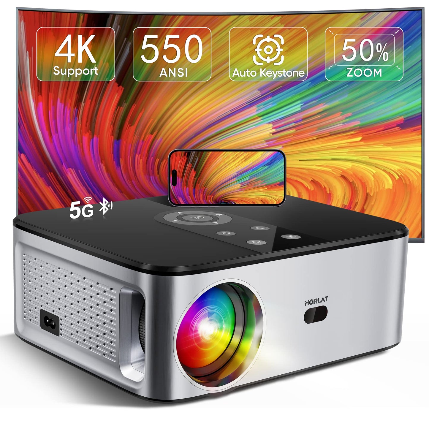 HORLAT Projector with 5G WiFi and Bluetooth, 18000 Lumen Full HD 1080P Projector 4K Support, Auto/4P/4D Keystone & 50% Zoom, Movie Projector Compatible with Phone/Laptop/TV Stick (Flare Black)