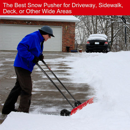 38 Inch Snow Shovel for Driveway, Brewin SnowPro Bi-Direction Heavy Duty Snow Pusher with Wheels and Angled Blade for Efficient Snow Removal, Back Saver Snow Plow for Dorway Sidewalk - Big Wheels