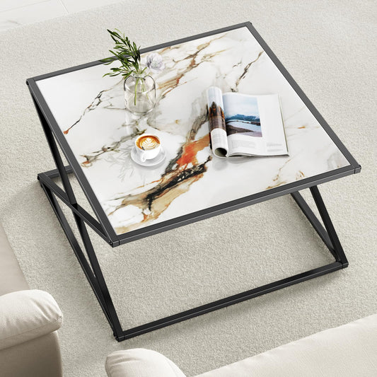 Marble Coffee Table, White Marble Sintered Stone Top Small Square Coffee Table with Black Metal Frame, 27.6 Inch Simple Modern Center Coffee Table for Living Room Home Office, Easy Assembly