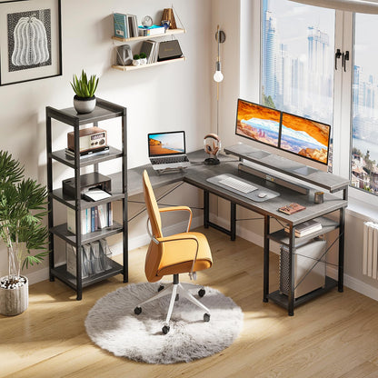ODK L Shaped Desk with Monitor Stand, 54 Inch Home Office Desks with Storage Printer Shelves, Reversible Corner Gaming Desk with Bookshelf for Bedroom, Grey Oak