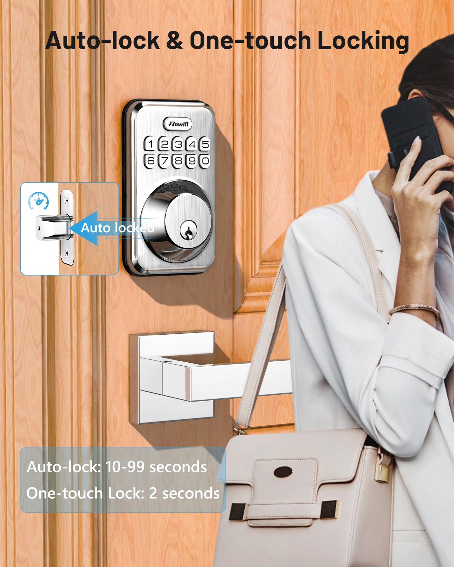Zowill Keyless Entry Door Lock with 2 Lever Handles, Electronic Keypad Deadbolt, Auto-Locking, Anti-Peeping Password, Digital Smart Code Door Lock, Front Door Handle Sets, Satin Nickel