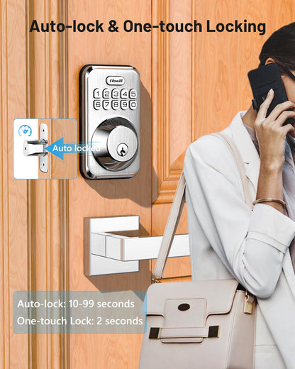 Zowill Keyless Entry Door Lock with 2 Lever Handles, Electronic Keypad Deadbolt, Auto-Locking, Anti-Peeping Password, Digital Smart Code Door Lock, Front Door Handle Sets, Satin Nickel