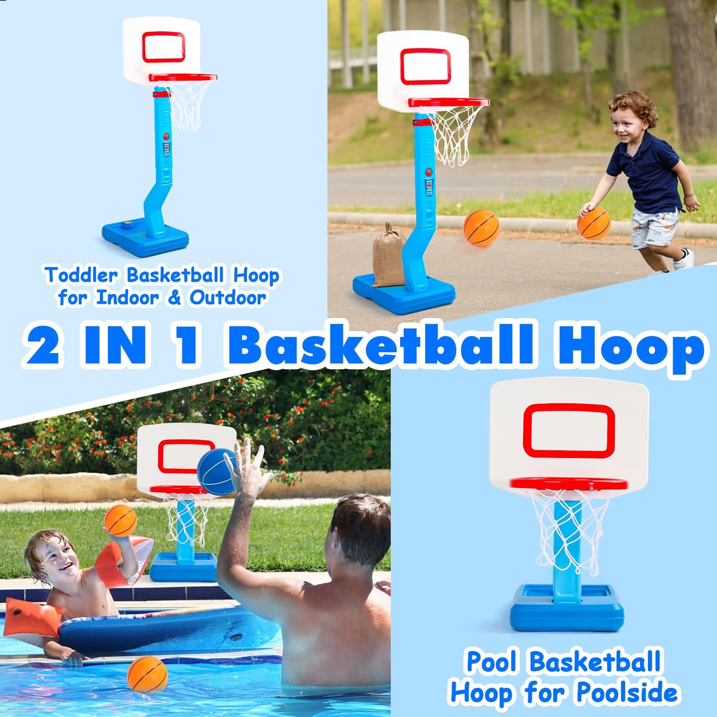 Fajiabao Toddler Basketball Hoop Indoor Adjustable Height Poolside Basketball Hoop Outdoor with Base Mini Basketball Hoop with 3 Balls Swimming Pool Toys Basketball Games for Kids Birthday Gift