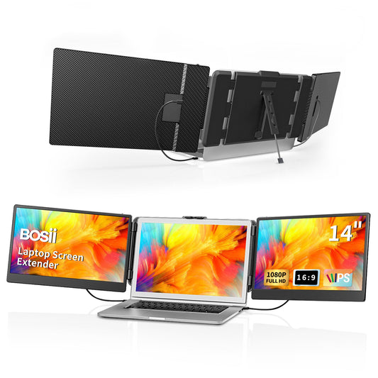 BOSII Laptop Screen Extender Portable - 14 Inch Triple IPS FHD 1080P HDMI/USB-A/Type-C Extended Monitor for Laptops (Maximum Length: 15.74") Compatible with Windows Mac Travel Gaming Work