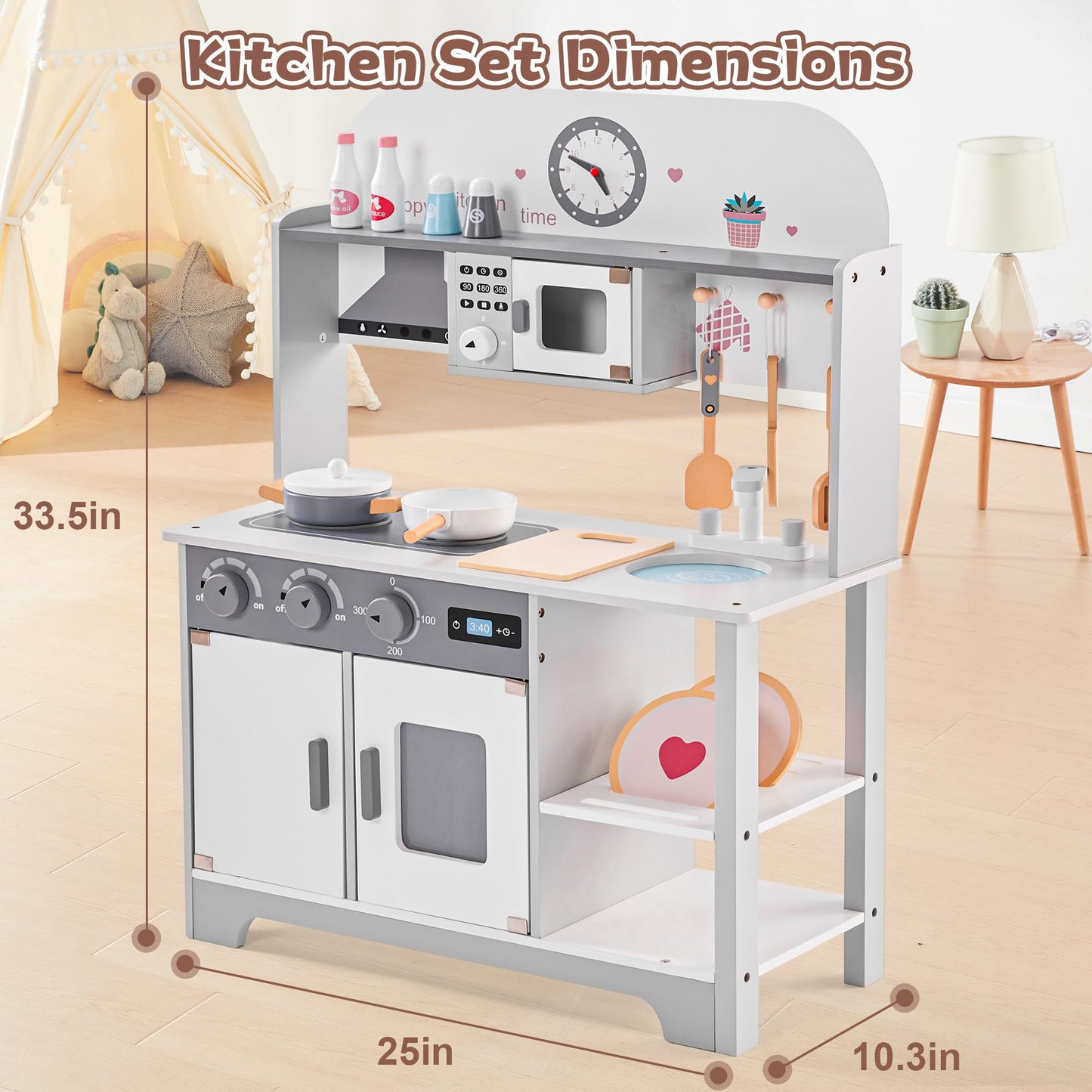 Play Wooden Kitchen Sets for Kids, Toddler Kitchen Playset, Chef Pretend Kitchen with Plenty of Play Features, Toy Kitchen with Toy Food & Cookware Accessories, Gift for Boys Girls
