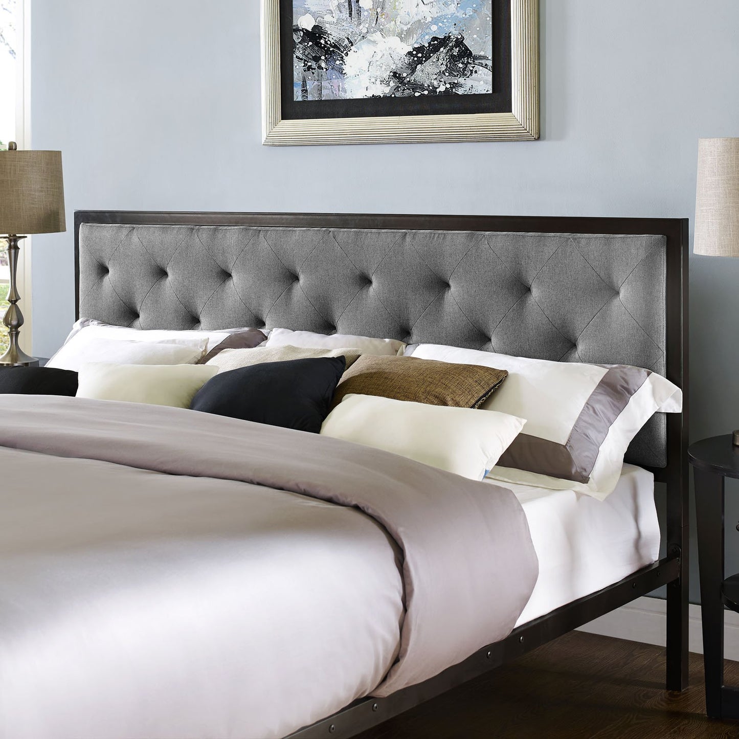 Modway Mia Upholstered Brown Gray Tufted Platform Bed With Metal Slat Support in King