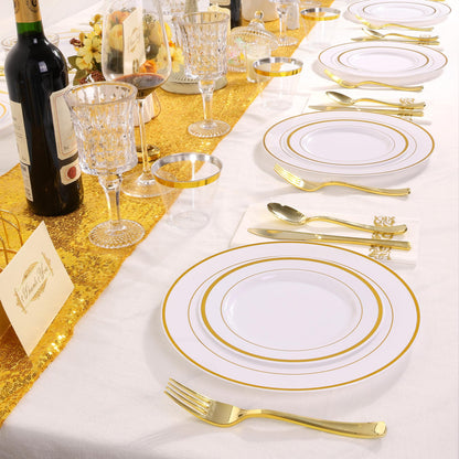 Oridom 350 Pieces Gold Disposable Plates Set for 50 Guests, Gold Rim Plastic Plates for Party, Include 50 Dinner Plates, 50 Dessert Plates, 50 Paper Napkins, 50 Cups, 50 Gold Silverware Set