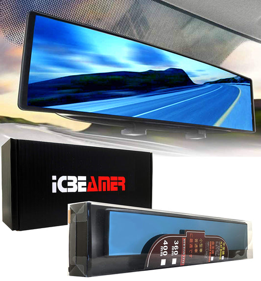 ICBEAMER 15.8 Inch Car Rearview Mirror, Panoramic Wide Angle, HD Blue Tint Glass, Interior Clip On Flat Car Mirror, Anti Glare, Automotive Accessories, Universal for Truck, Car, SUV, Pack of 1