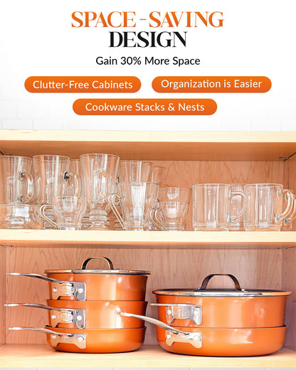 Gotham Steel 10 Pc Copper Pots and Pans Set Non Stick Cookware Set, Kitchen Cookware Sets, Pot and Pan Set, Pot Set, Space Saving Pots and Pans Set with Lids, Induction Cookware Set, Dishwasher Safe