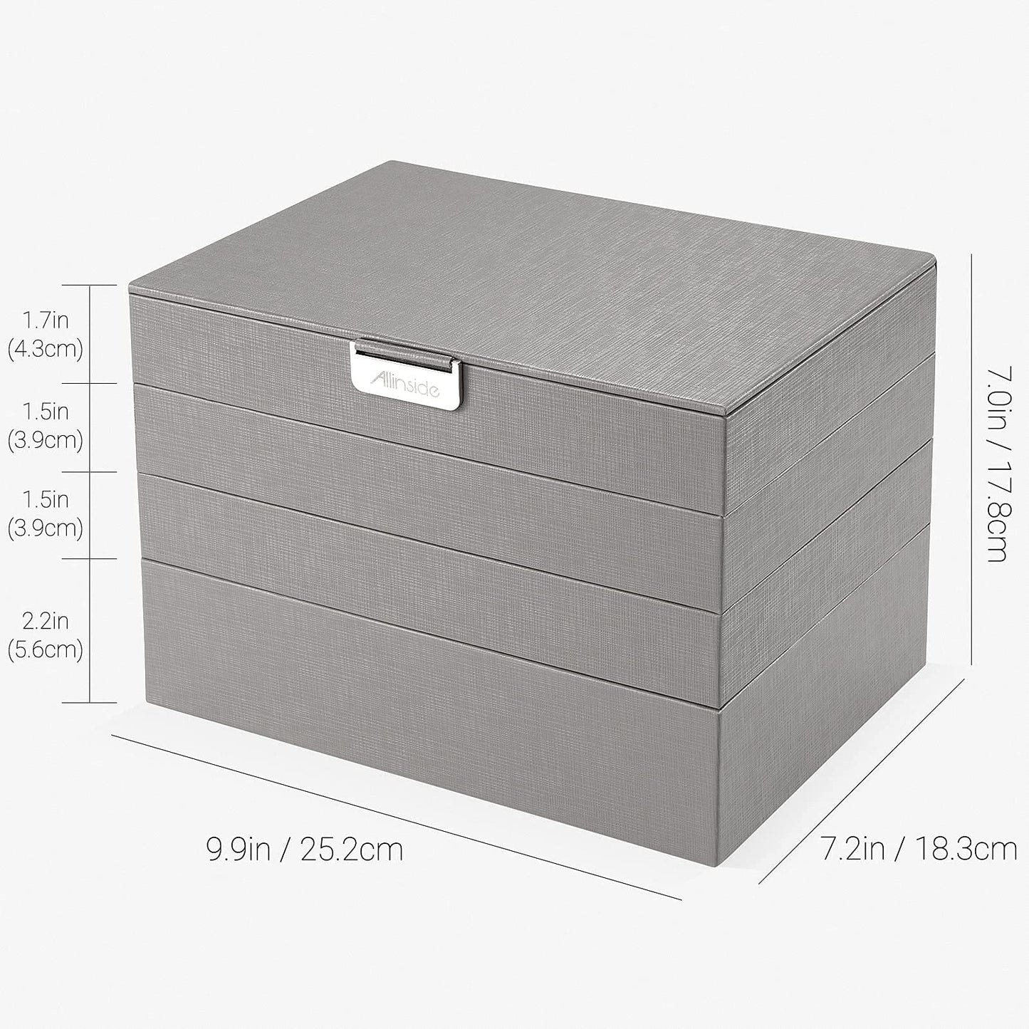 Allinside Stackable Jewelry Tray Box Sets Organizer with Mirror Lid, PU Leather Jewelry Storage Display Case for Drawer Dresser, Jewelry Holder Trays for Earring Ring Necklace Watch, Set of 4, Gray