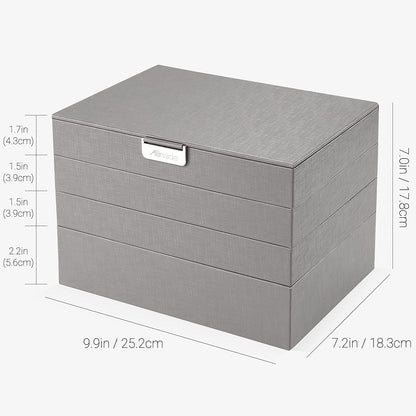 Allinside Stackable Jewelry Tray Box Sets Organizer with Mirror Lid, PU Leather Jewelry Storage Display Case for Drawer Dresser, Jewelry Holder Trays for Earring Ring Necklace Watch, Set of 4, Gray