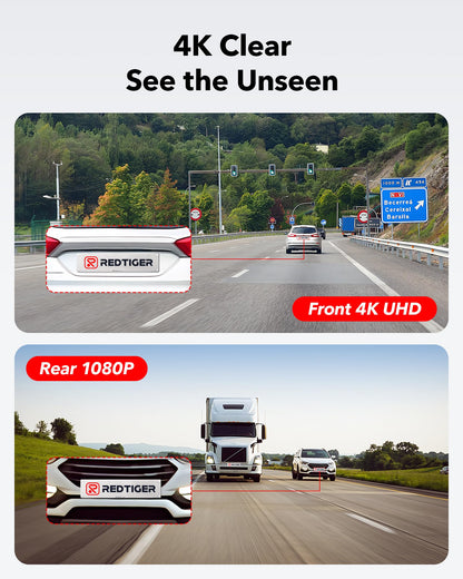 REDTIGER Dash Cam Front Rear, 4K/2.5K Full HD Dash Camera for Cars, Free 32GB Card, Built-in Wi-Fi GPS, 3.16” IPS Screen, Night Vision, 170°Wide Angle, WDR, 24H Parking Mode