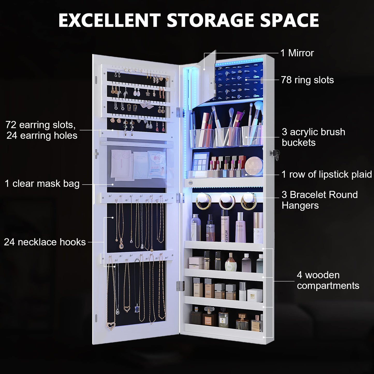FREDEES Jewelry Armoire with Mirror 4 Tier Storage Over the Door Jewelry Organizer with Mirror,Full Length Mirror Jewelry Cabinet,Jewelry Cabinet Armoire with Mirror (White)