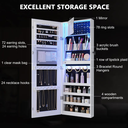 FREDEES Jewelry Armoire with Mirror 4 Tier Storage Over the Door Jewelry Organizer with Mirror,Full Length Mirror Jewelry Cabinet,Jewelry Cabinet Armoire with Mirror (White)