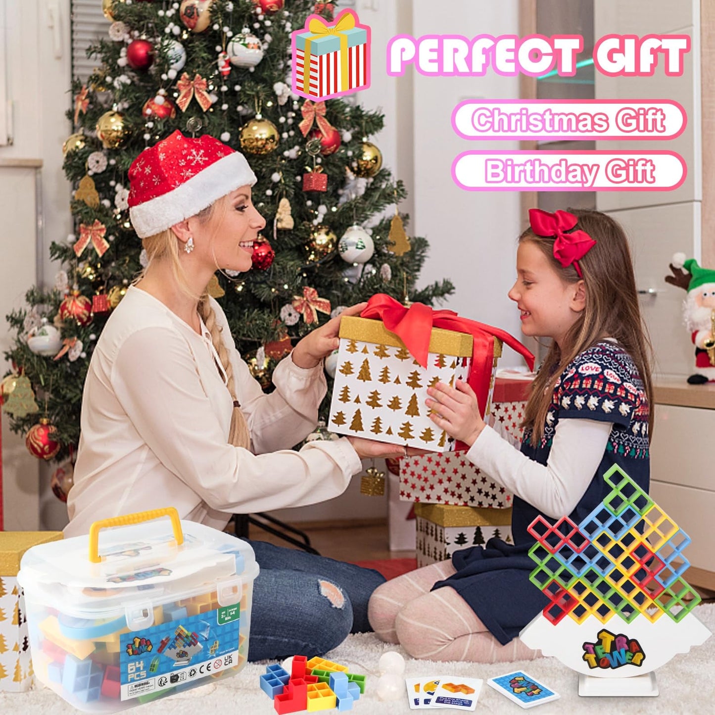 HOMELAM 64 PCS Tetra Tower Stacking Game with Storage Box, Balance Building Blocks Board Game, 2+ Players Family Games for Kids, Adults, Party, Friend